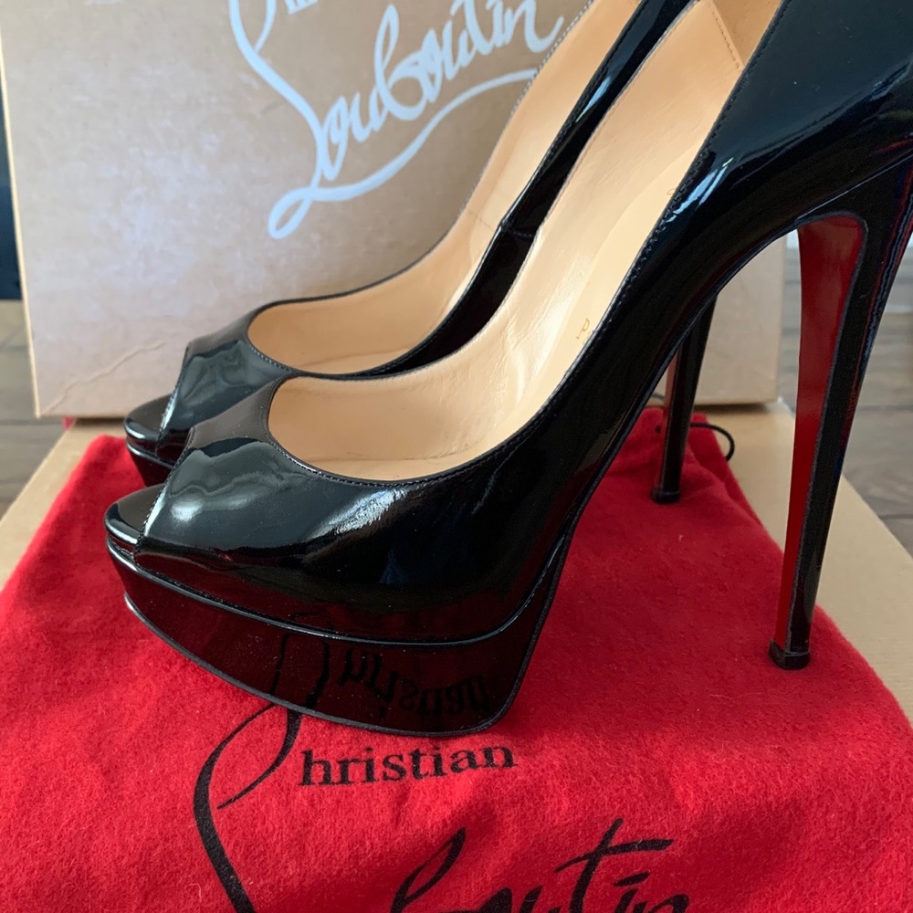 Christian Louboutin Black Patent Leather Platform Peep-Toe Pumps with Red Sole - Picture 11 of 11